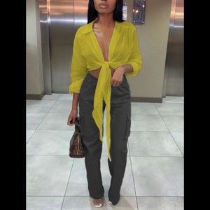 Mustard Yellow Turn down Collar Button Down Tie Front Blouse